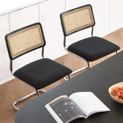 Miniatura 3 de GrandNoor Juego de 2 sillas de comedor de ratán negro con cromo, sillas de cocina de madera modernas de mediados de siglo, sillas de comedor