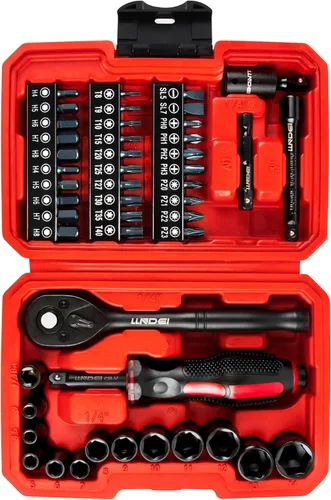 LLNDEI Juego de llaves de trinquete de 48 piezas de 1/4 pulgada, enchufe métrico poco profundo (4-14mm) de 6 puntas, con 72 dientes, juego de llaves