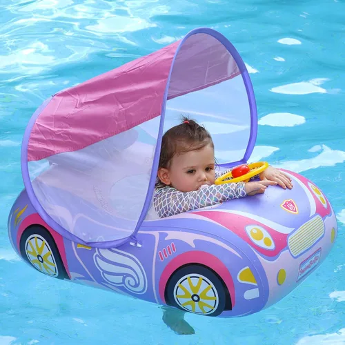 Toddler Pool Float Inflatable Car Baby Swim Float with Adjustable Sun Canopy and Safety Seat Pool Toys for Kids 3+ Years Old