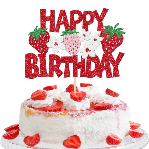 Miniatura 12 de 1 pieza de decoración para pastel de tercer cumpleaños con temática de fresa, flor brillante con temática de frutas dulces, decoración de pastel