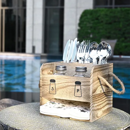 Miniatura 6 de Ikee Design Organizador de utensilios de madera, organizador de cubiertos con 5 ranuras, cuenta con asas e incluye salero y pimentero, ideal