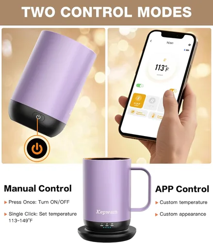 Miniatura 4 de Kepwam Taza de Café Autocalentante T1, Taza de Café Recargable Calentada de 16oz, Taza de Café Inteligente con Calentamiento Controlado por