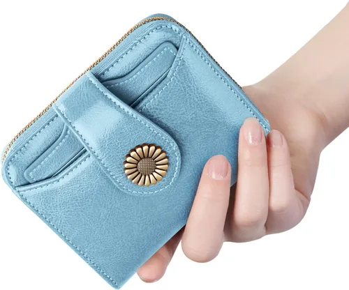 Miniatura 6 de INSIFEEL Billetera pequeña para mujer, bolso compacto de cuero con bloqueo RFID RFID para mujer, Azul claro, Retro