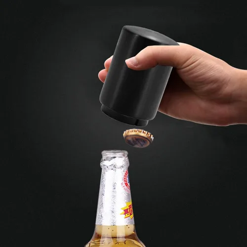 Miniatura 2 de Abridor automático de botellas de cerveza de acero inoxidable con captador de tapa, magnético, tipo empuje, negro