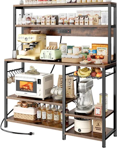 Miniatura 13 de SUPERJARE Estante de panadería con toma de corriente, barra de café de 35.4 pulgadas con canasta de alambre, soporte para microondas de cocina con 6