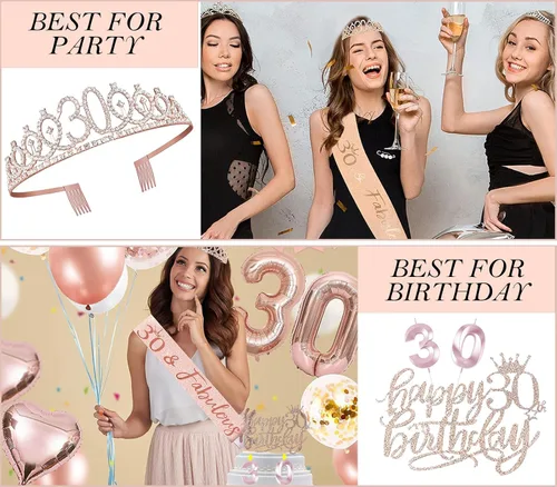 Miniatura 6 de Decoraciones de cumpleaños de 30 años para ella, banda y corona de cumpleaños de 30 años, adorno para pastel de cumpleaños y velas, tarjeta