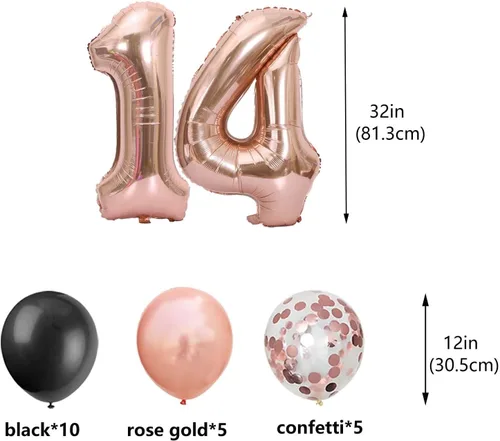 Miniatura 3 de Decoraciones de cumpleaños número 14: globos de papel de aluminio de estrella con el número 14 de oro rosa, confeti de látex para su fiesta
