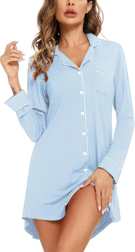 Miniatura 88 de Samring Camisón de pijama para mujer, manga corta/larga, con botones, camisón para dormir, camisón para novio, talla XXL