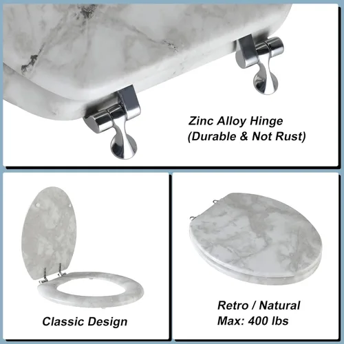 Miniatura 2 de Angol Shiold - Asiento para inodoro alargado de mármol con bisagras de aleación de zinc, fácil de instalar y limpiar, antipinza (gris)