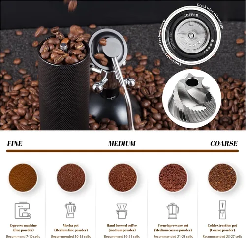 Miniatura 2 de Molinillo de café manual con capacidad de 0.88 oz, rebabas de acero inoxidable, mango de madera, molinillo de café para rebabas para el hogar, Negro