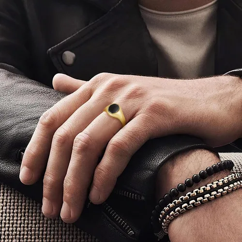 Miniatura 4 de TRUMIUM Anillos de sello chapados en oro de 18 quilates para hombres y mujeres, con incrustaciones de ónix negro, anillos de boda ligeros y gruesos