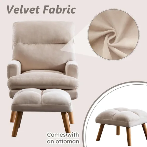 Miniatura 4 de IOMOR Silla Accent con otomano, silla de lectura cómoda, sillón con respaldo ajustable y bolsillos laterales, sofá de tela suave de ocio para Beige