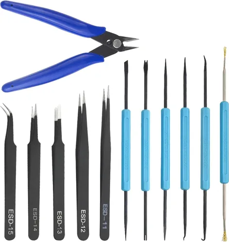 Miniatura 7 de Juego de pinzas de precisión de 10 piezas, juego de pinzas industriales antiestáticas, kit de pinzas de acero inoxidable para laboratorio