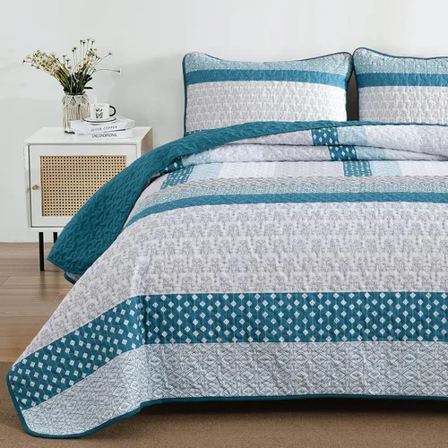 Miniatura 3 de WONGS BEDDING Edredón Azul Gris Tamaño Queen, Juegos de Edredón de Rayas Bohemias 3 Piezas Azul y Gris Boho Juego de Colcha Acolchada de Microfibra