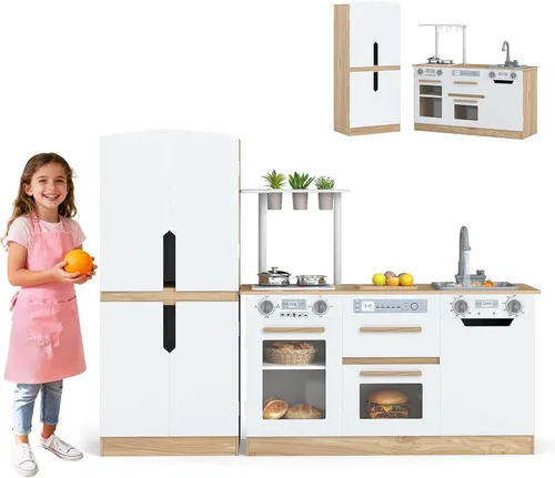 Miniatura 10 de Costzon Juego de cocina para niños, juego modular de madera de 2 piezas con agua corriente, sonido y luz, nevera, lavavajillas, microondas, horno