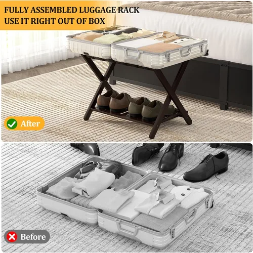 Miniatura 3 de Juego de 2 portaequipajes de bambú, totalmente montado, para habitación de invitados, soporte plegable para maleta con estante para zapatos, soporte