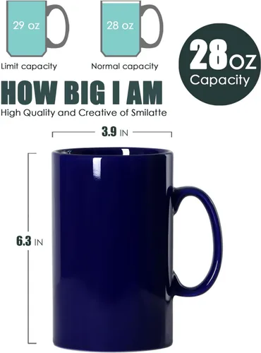 Miniatura 2 de Taza de café de cerámica extra grande de 28 onzas, M018, taza de té clásica de porcelana con asa para oficina y hogar, azul