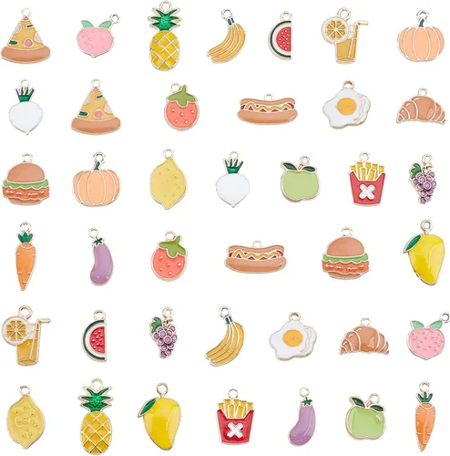 PH PandaHall 40 colgantes de frutas y verduras, 20 estilos de dijes de alimentos esmaltados de fresa, melocotón, mango, calabaza, pizza, pan,