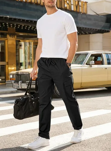 Miniatura 4 de JMIERR Pantalones cargo casuales para hombre, ajuste relajado, ligeros, elásticos, cintura elástica, con cordón, pantalones tácticos con múltiples