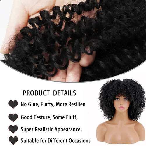 Miniatura 4 de Pelucas rizadas negras para mujeres negras, peluca afro corta negra rizada con flequillo, pelucas sintéticas resistentes al calor, pelucas negras