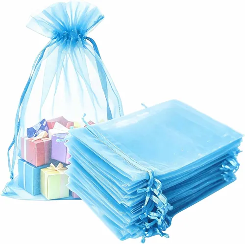 Miniatura 26 de Bolsas de regalo de organza de 4 x 6 pulgadas con cordón para joyas, dulces, paquetes de 50 bolsas de té de tela transparente azul aguamarina