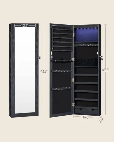 Miniatura 6 de SONGMICS UJJC093B01 - Armario de joyería con espejo de 6 ledes 472 pulgadas de alto con cerradura y puerta organizador de joyas con espejo 2 cajones