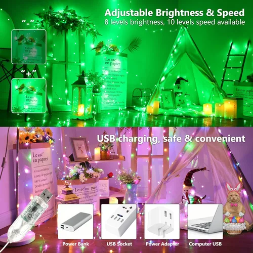 Miniatura 6 de BrizLabs Guirnalda de luces de hadas de 33 pies, 100 luces LED rojas, blancas y azules con temporizador remoto, USB 4 de julio, luz estrellada, 100