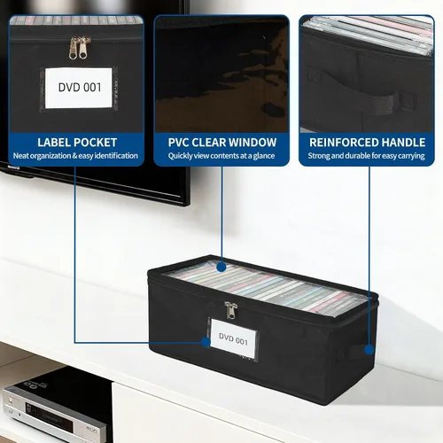 Miniatura 5 de Paquete de 2 cajas de almacenamiento de tela para DVD con tapa de PVC transparente, capacidad para 25 fundas de DVD estándar, tela no tejida
