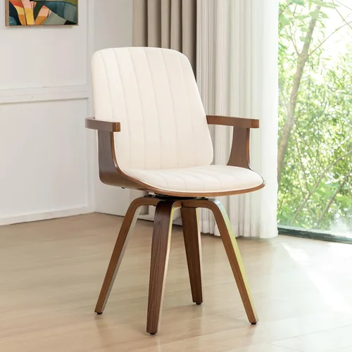 Miniatura 16 de Juego de 2 sillas de comedor giratorias, modernas de mediados de siglo con artesanía de nogal, piel sintética tapizada, brazos y patas de madera