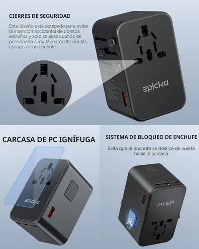 Miniatura 7 de EPICKA GaN - Adaptador de viaje universal, adaptador de enchufe internacional de 75 W con 3 USB-C PD carga rápida y 2 adaptadores de carga rápida