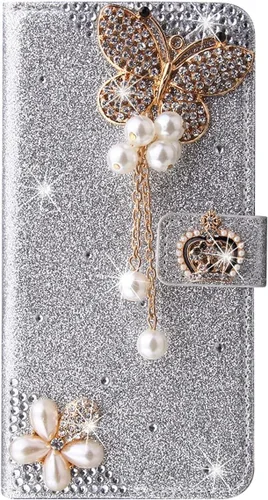 Miniatura 6 de XYX Funda tipo cartera para Samsung Galaxy A32 5G, Bling Glitter Crown Butterfly Diamond Flip Card Slot Luxury Girl Women Phone Cover - Negro