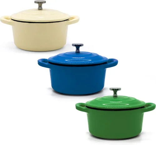 RJ Legend Horno holandés de hierro fundido pre-sazonado de 8.5 onzas con asa, esmaltado, azul, verde y blanco (juego de 3)