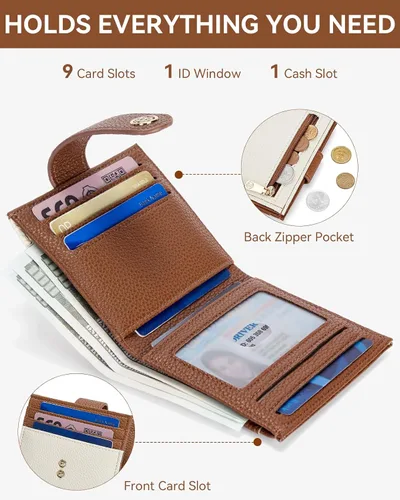 Miniatura 2 de BOSTANTEN - Billetera delgada para mujer, pequeña, con bloqueo RFID, tarjetero de cuero plegable con cremallera y bolsillo para monedas, Pequeña