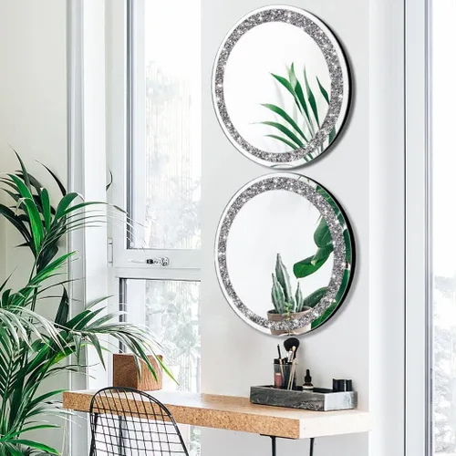 Miniatura 3 de QMDECOR Juego de 2 espejos plateados de cristal estrellado con diamantes, forma redonda, diámetro de 12 pulgadas con cadena de hierro, espejo