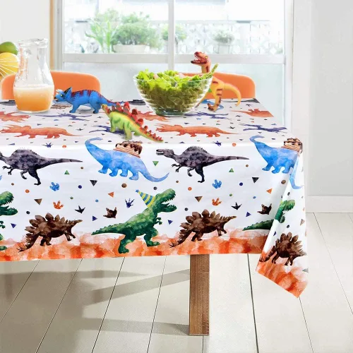 Miniatura 5 de WERNNSAI 1 mantel de dinosaurio – Decoración de cumpleaños de dinosaurios Tres Rex, mantel de dinosaurio para niños, baby shower, suministros