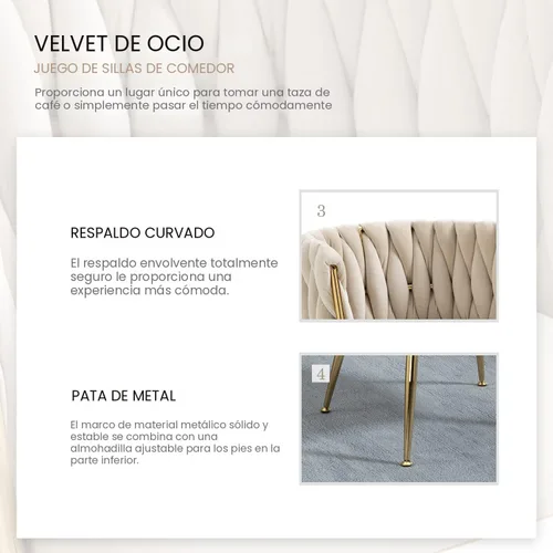 Miniatura 6 de Nrizc Juego de 2 sillas de comedor de terciopelo, sillas de comedor tapizadas tejidas con patas de metal dorado, sillas decorativas modernas