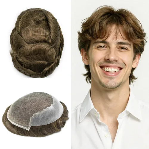 Miniatura 72 de Toupee - Sistemas de reemplazo de cabello para hombre, encaje frontal suizo, nudo blanqueado, pieza de cabello humano natural 1# negro azabache, 8 x