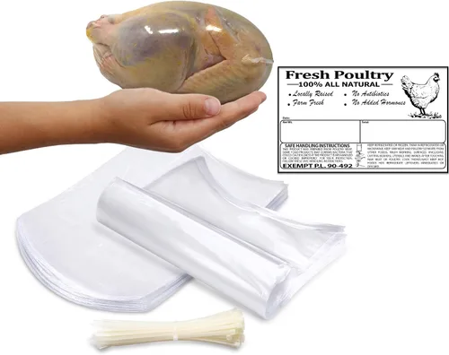 Bolsas transparentes retráctiles para aves de corral (L)- 10 x 16 pulgadas, pollos o conejos con bridas y etiquetas para congelador incluidas (25)
