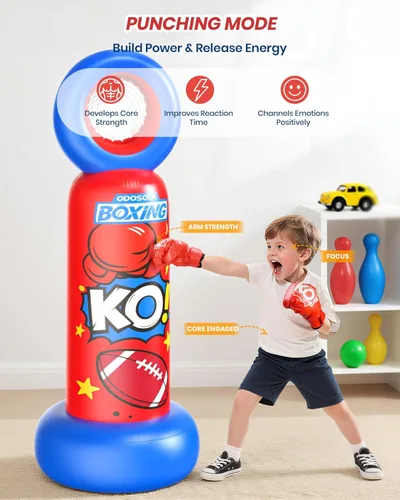 Miniatura 2 de ODOSOLA Saco de boxeo inflable para niños, bolsa de boxeo independiente 2 en 1 con juego de lanzamiento de fútbol, juguete de karate taekwondo