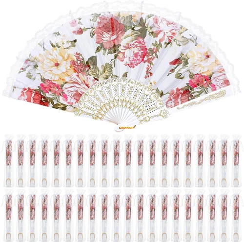 Miniatura 12 de Geelin - 50 piezas de abanicos de encaje plegables de mano para mujeres con bolsa de organza, abanicos europeos retro de encaje plegados para novia