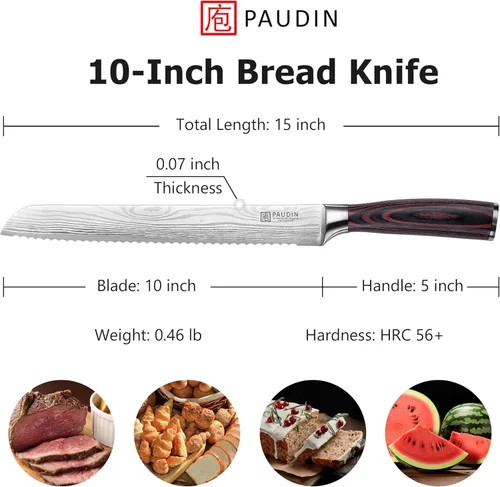 Miniatura 2 de Cuchillo de pan PAUDIN, cuchillo dentado de 10 pulgadas, cuchillo de pan alemán de acero inoxidable para pan casero, filo afilado como una navaja