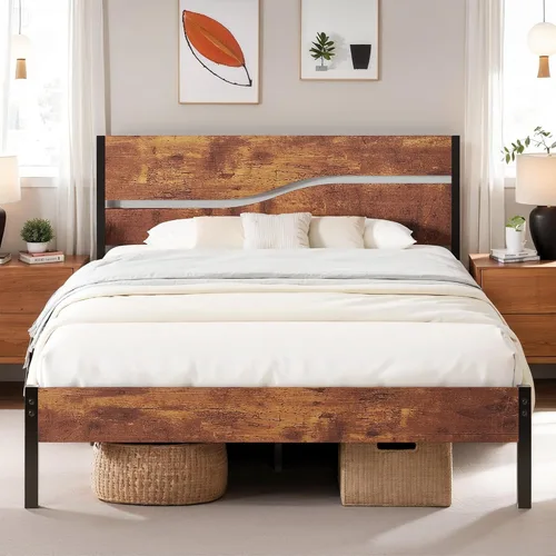 Miniatura 10 de VECELO Base de cama tamaño individual, plataforma de metal resistente con cabecera de madera, no necesita somier, color marrón antiguo
