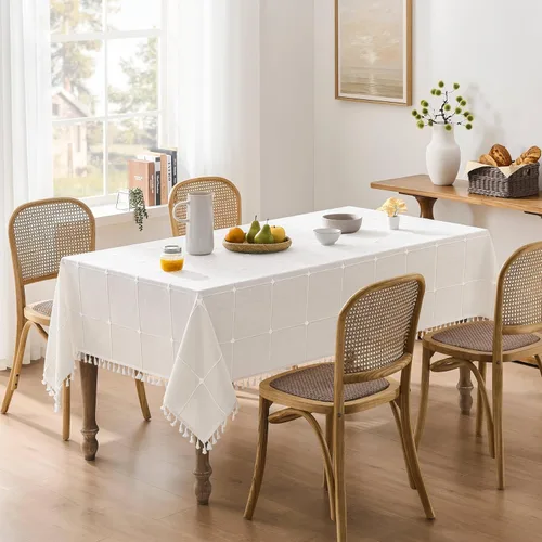 Miniatura 2 de ZeeMart - Mantel de mesa con diseño de cuadrícula boho y borlas (blanco roto, 132 cm x 132 cm), mantel de gran peso de lino a cuadros bordado