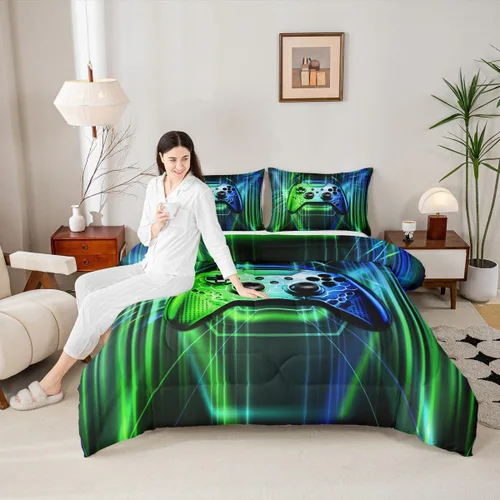 Miniatura 23 de Manfei Juego de edredón moderno de 2 piezas con estampado de consola de videojuegos de panal azul con 1 funda de almohada, juego de ropa de cama