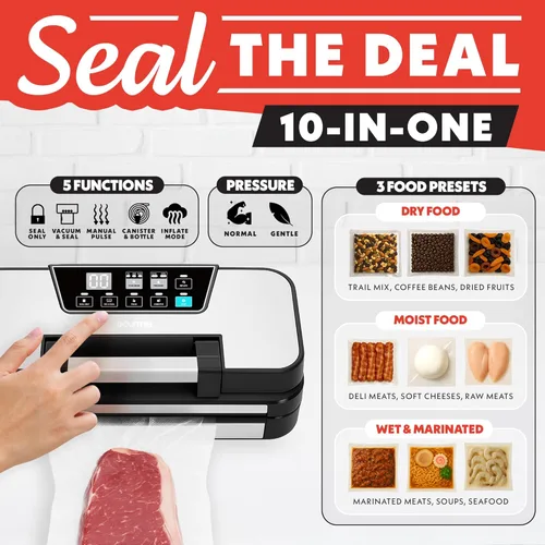 Miniatura 2 de Gourmia Sellador al vacío - Sellador de alimentos 10 en 1, cortador integrado y almacenamiento de rollo, modos seco/húmedo, presión suave y normal