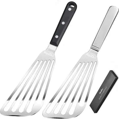 KSENDALO Espátula de pescado de acero inoxidable, espátula para huevos con hoja delgada y flexible ranurada y en ángulo para cocina, parrilla,