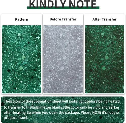 Miniatura 7 de Hojas de transferencia de sublimación con purpurina verde para máquina de prensa de calor, papel de transferencia de sublimación de 12 x 12 pulgadas