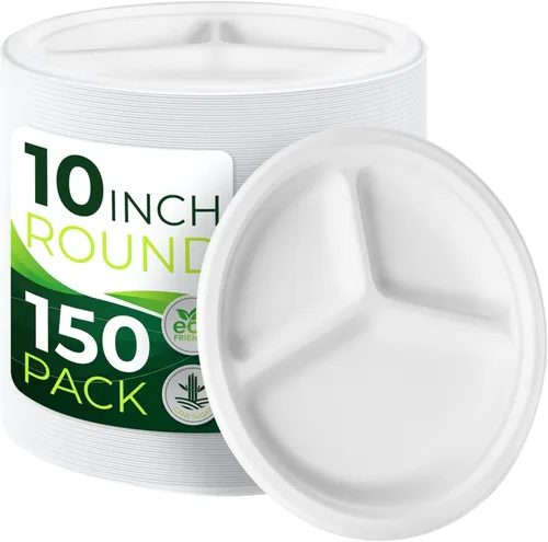 150 piezas 100% compostables platos de papel de 10 pulgadas, platos de fibra de caña de azúcar resistentes desechables ecológicos biodegradables de