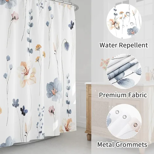 Miniatura 3 de Gibelle Cortina de ducha pequeña de 36 x 72 pulgadas, cortina de ducha estrecha de tela floral de media acuarela, juego de cortina de ducha Azul