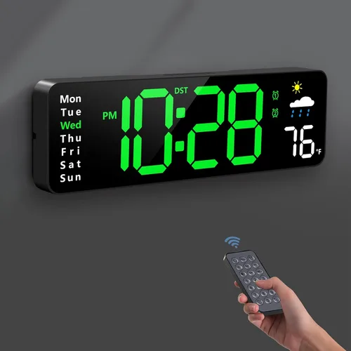 Miniatura 10 de Reloj de pared digital, reloj digital con pantalla grande con control remoto, despertador LED con cable con fecha, semana, temperatura, humedad, DST